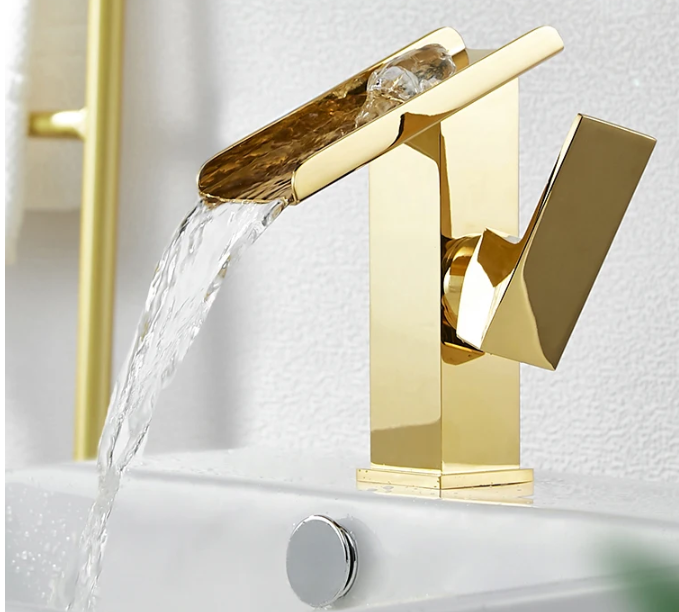 Home Bathroom Wash Basin - Becola Gold Brass Waterfall Wash Basin