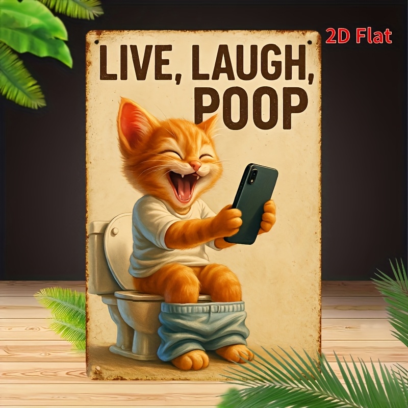 Funny Cat on Toilet Metal Wall - Home Bathroom Wall Art avaliação e preço
